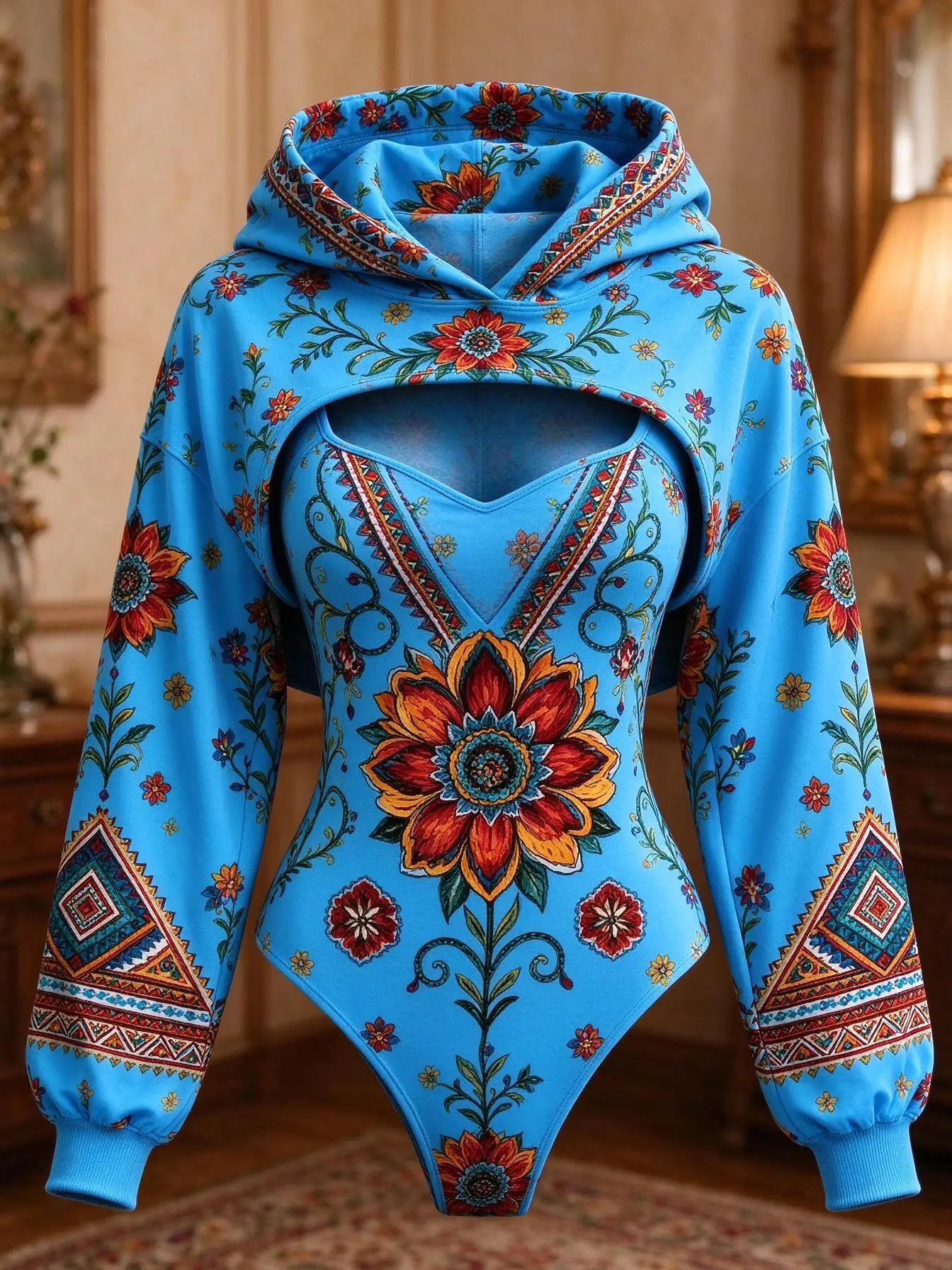Women Bohemian Floral Geometric Print Double Hood Bodysuit Hollow Out Long Sleeve Hoodie