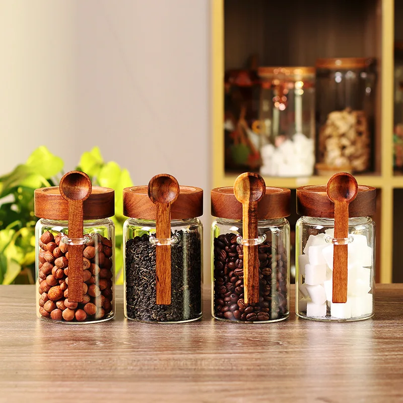 

Threaded Mouth Acacia Wood Cover Glass Storage Jar with Spoon Sugar and Salt Seasoning Glass Seal Jar Oat Bottle