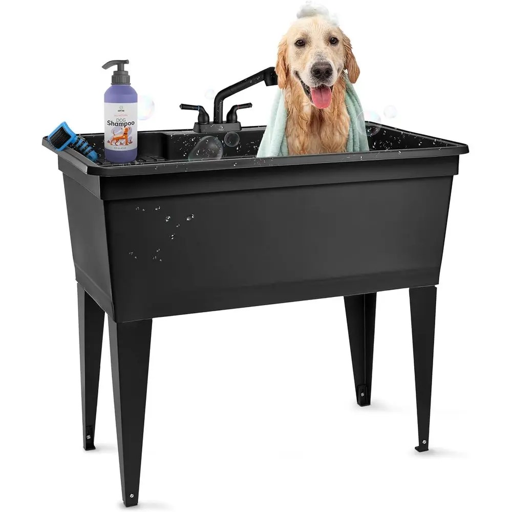 

Tehila Freestanding Double-Wide Utility Sink with Steel Legs & Black Pull-Out Faucet, Multi-Purpose Heavy-Duty Laundry Tub and K