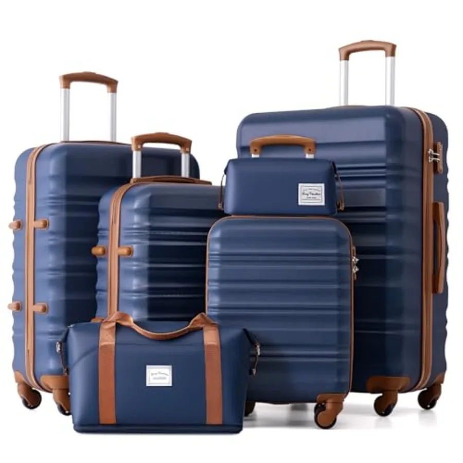 

LONG VACATION Luggage Set 6 Piece ABS Hardshell TSA Lock Spinner Wheels Carry On Suitcase NAVY 6 Piece Set