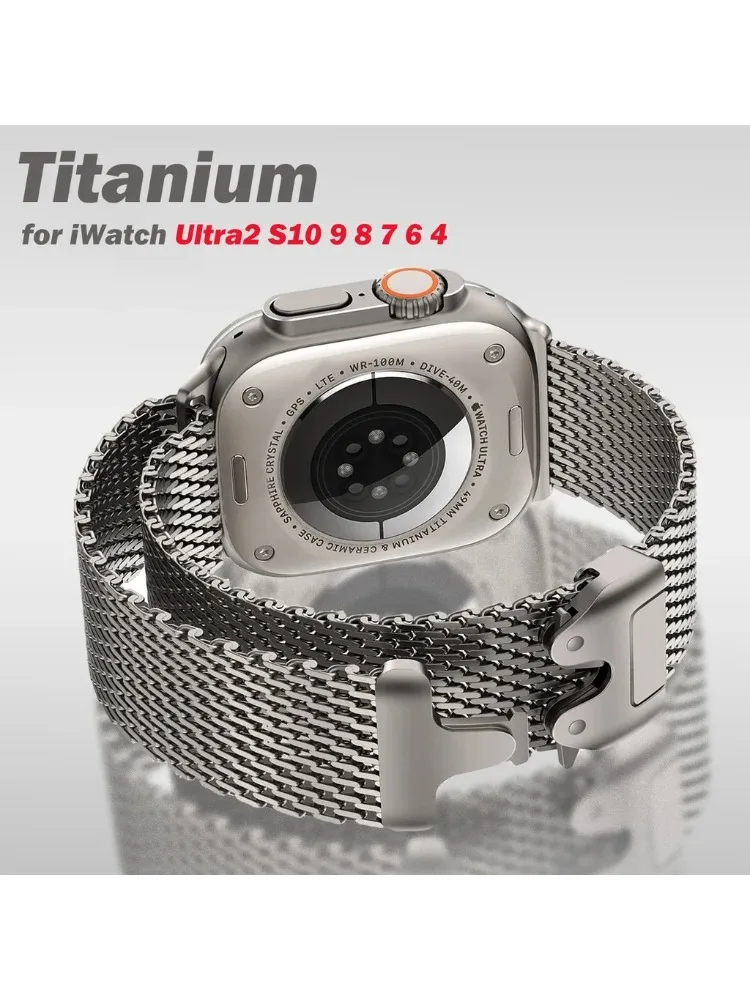 Pasek Milanese do Apple Watch Ultra 2 49mm Serii 11 10 9 8 7 6 5, naturalny tytan, pętla Milanese, bezpieczna klamra typu parachute. — 2