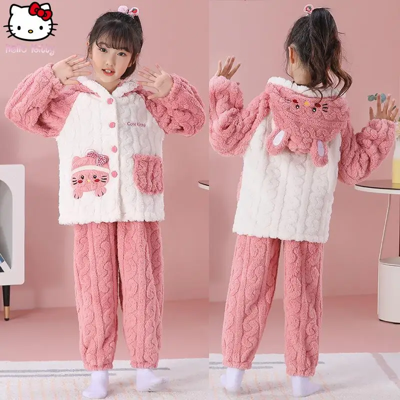 

Girls Hello Kitty Kuromi Thickened Hooded Pajama Set Kawaii Anime Autumn and Winter Sanrio Student Clothing Warm Home Clothing