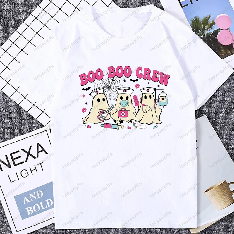 Halloween Nurse Kawaii Boo Boo Ghost Graphic Printed Retro Women T-shirt Casual Fashion Loose Harajuku Hip Hop Man T Shirt