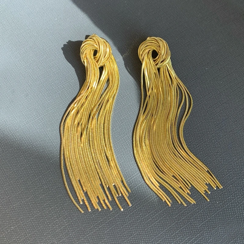 Titanium With 18k Gold Long Tassel Drop Earrings Women Stainless Steel Jewelry Party Boho T Show Gown Runway Rare Korean Japan