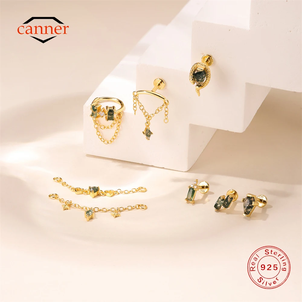 

CANNER 1PC Natural Moss Agate Piercings Chain Charm 925 Sterling Silver Geometric Green Moss Puncture Ear Bone Nail Earring