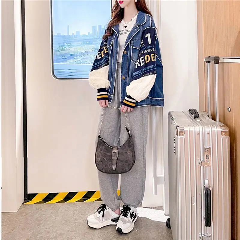 Fashion Denim Jacket Women Heavy Industry Brushed Denim Splice Knitted Cardigan Coats Autumn Winter Trendy Thicken Warm Jackets