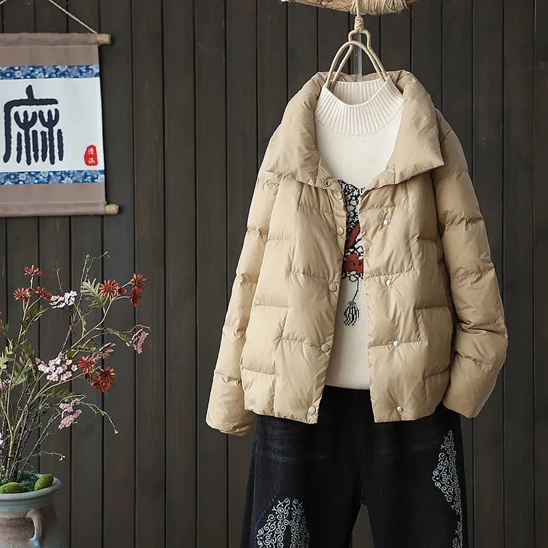 2025 New Short Light Down Jacket White Duck Down Puffer Jacket Fashion Warm Stand Collar Coat Women Loose Parkas Outwear