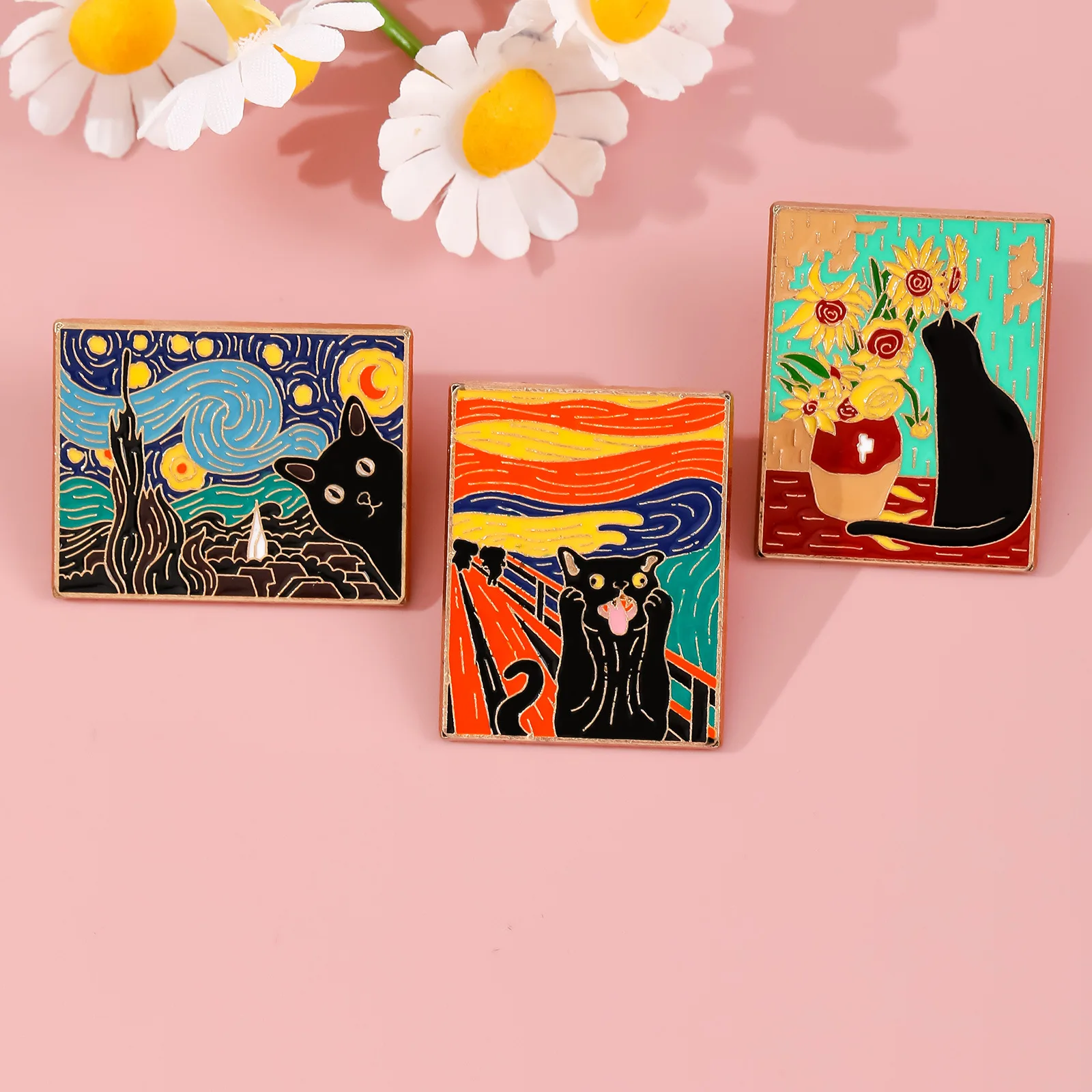 Van Gogh Art Enamel Pin The Scream Starry Night Sunflowers with Black Cats Brooches Perfect Gift for Art Enthusiast Dropshipping