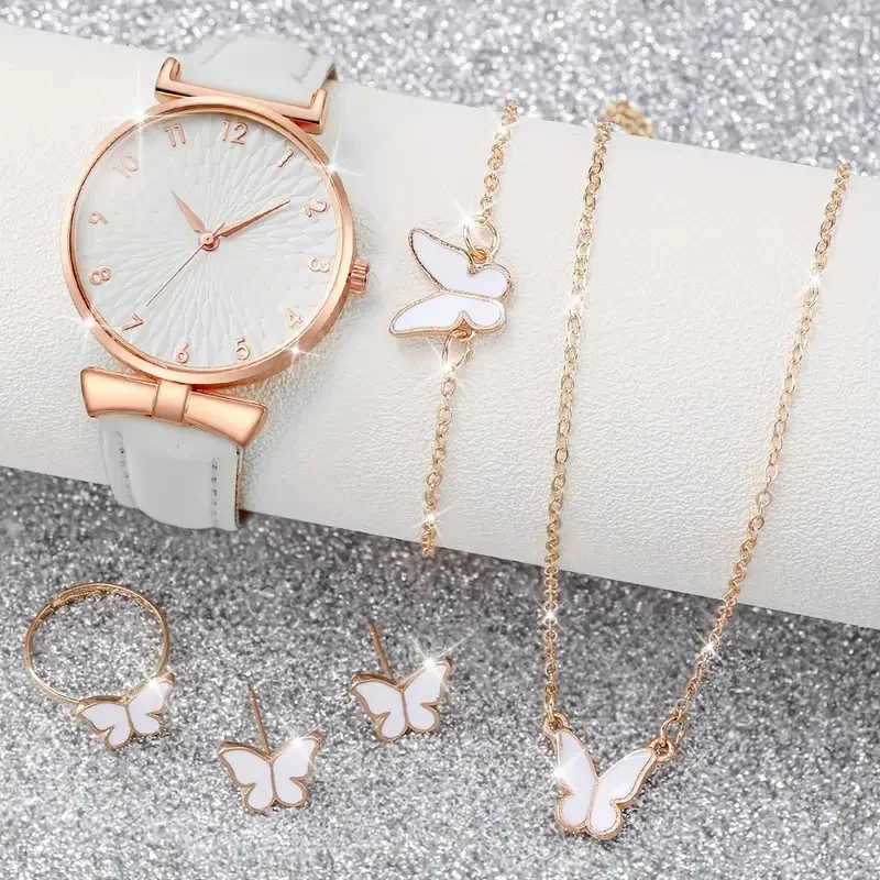 6PCS Fashion Leather Alloy Ladies Simple digital quartz Watch with Butterfly bracelet Necklace Ring Earrings jewelry set