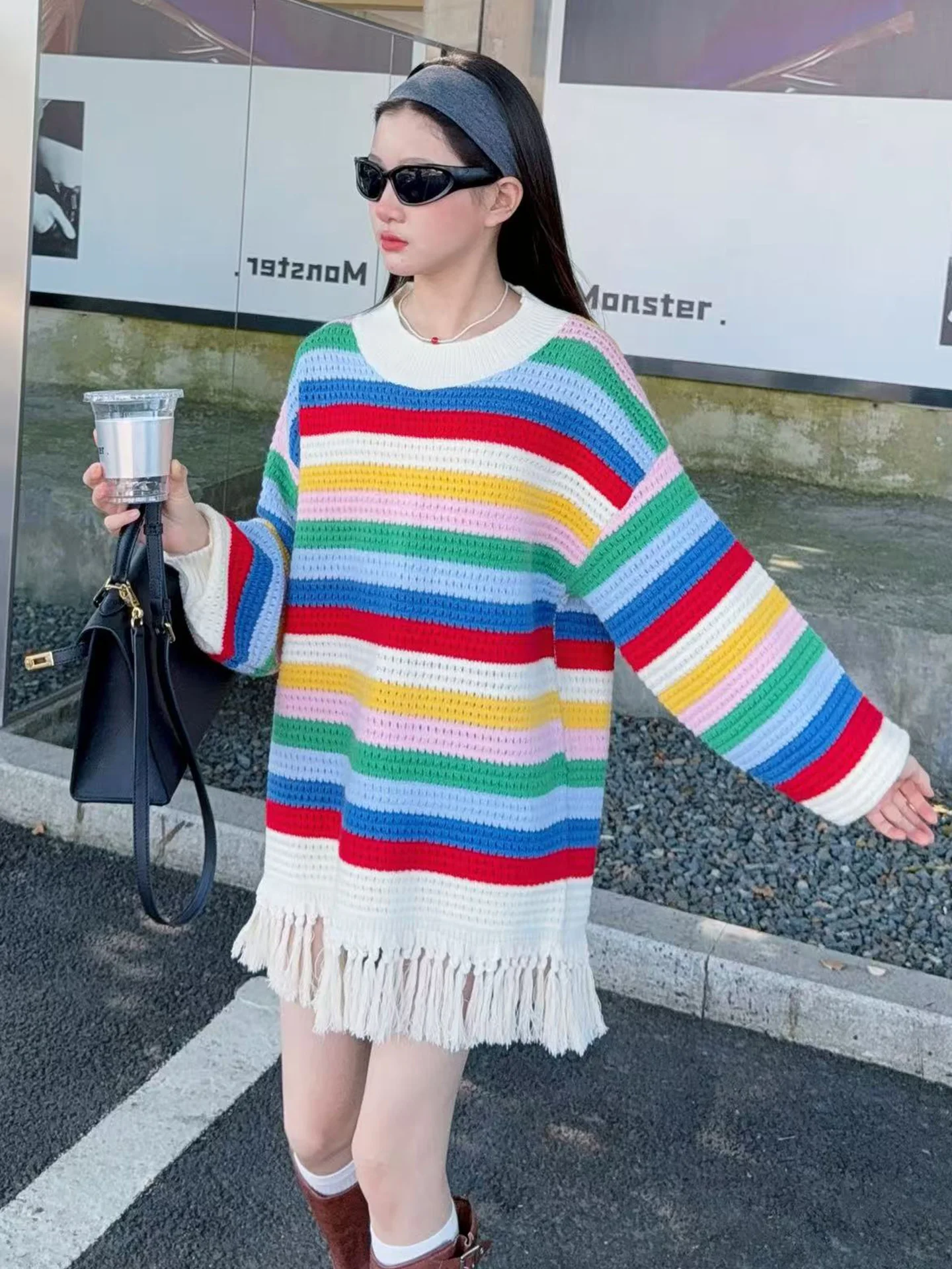 Spring Autumn Knitwear for Girls Tassel Trimmed Color Blo Striped Sweater Mid-Length round Ne Long Sve Warm Commute Sle