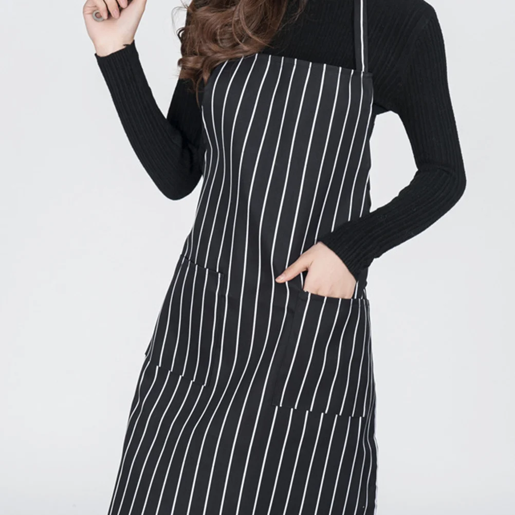 

1pc Polyester Kitchen Cooking Chef Apron Hotel Restaurant Bbq Apron Black White Striped Workwear For Men Women