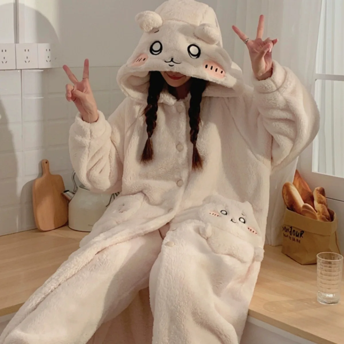 Lovely Chiikawa Cartoon Patterns Nightgown Coral Fleece Autumn And Winter Style Bathrobe Lovers Plush Sleeping Robe And Pants