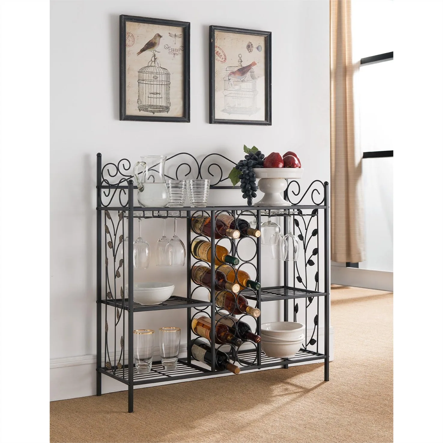 

Metal Console Table Wine Rack with Glass Holder, Storage Shelves for Living Room Bar Buffet