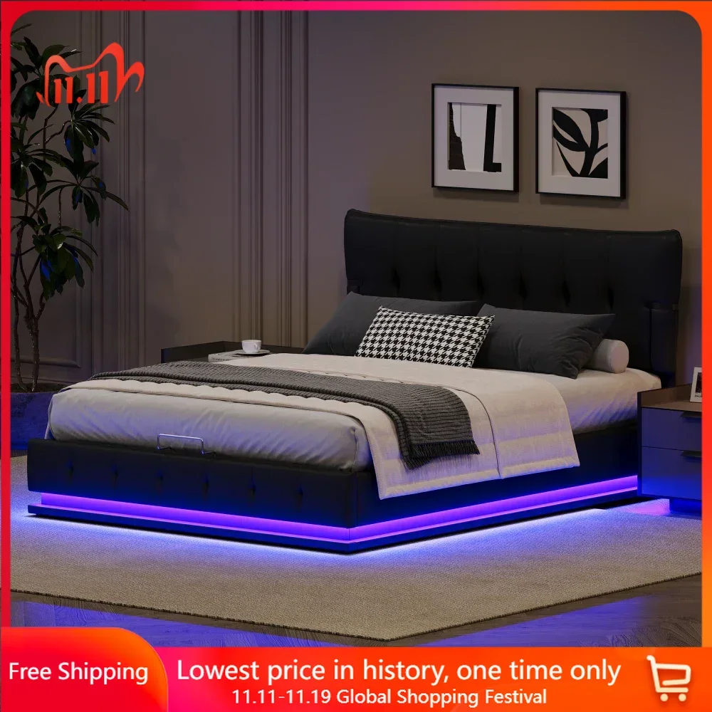 

Bed Platform, Upholstered Platform Hydraulic Storage Bed, Lift Up Storage Bed with LED, Bluetooth Speaker, No Box Spring Needed