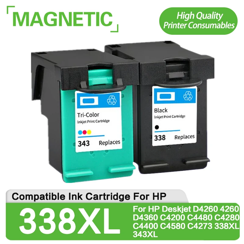 2PCS Magnetic Compatible Ink Cartridge for HP338 343 For HP Deskjet D4260 4260 D4360 C4200 C4480 C4280 C4400 C4580 C4273 338 343