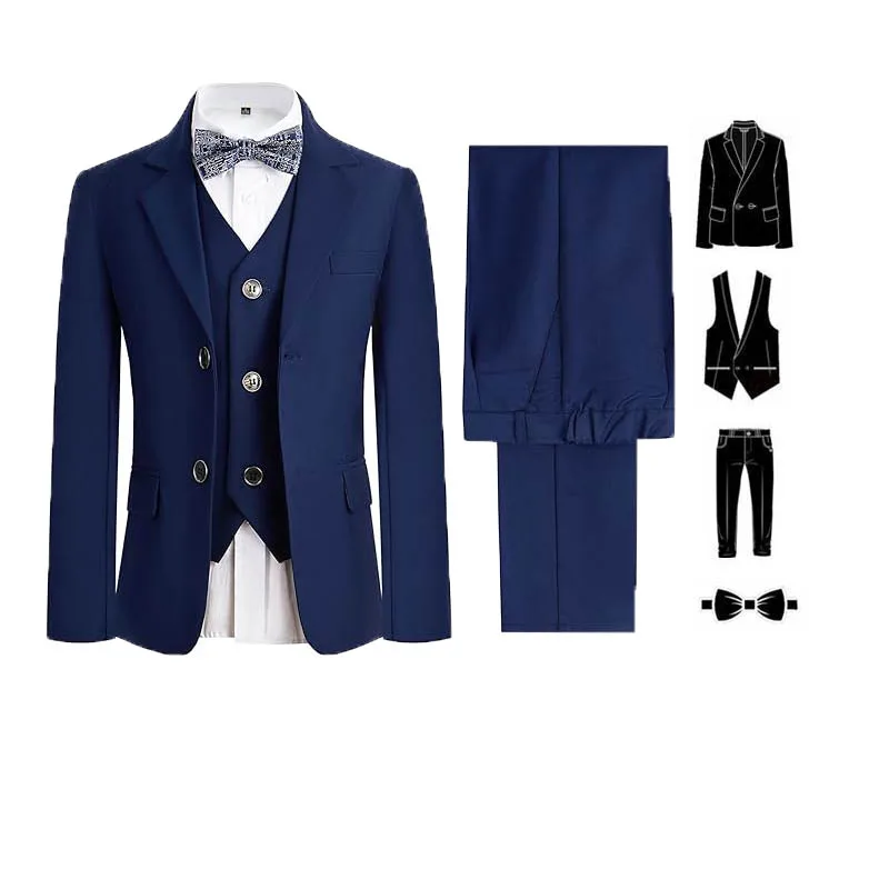 PsyMonster Jungen schwarz Klavier Violine Kleid Kinder dünne Jacke Weste Hosen Fliege 4 Stück Ballkleid Kinder Abend Tanz Performance Kostüm 4