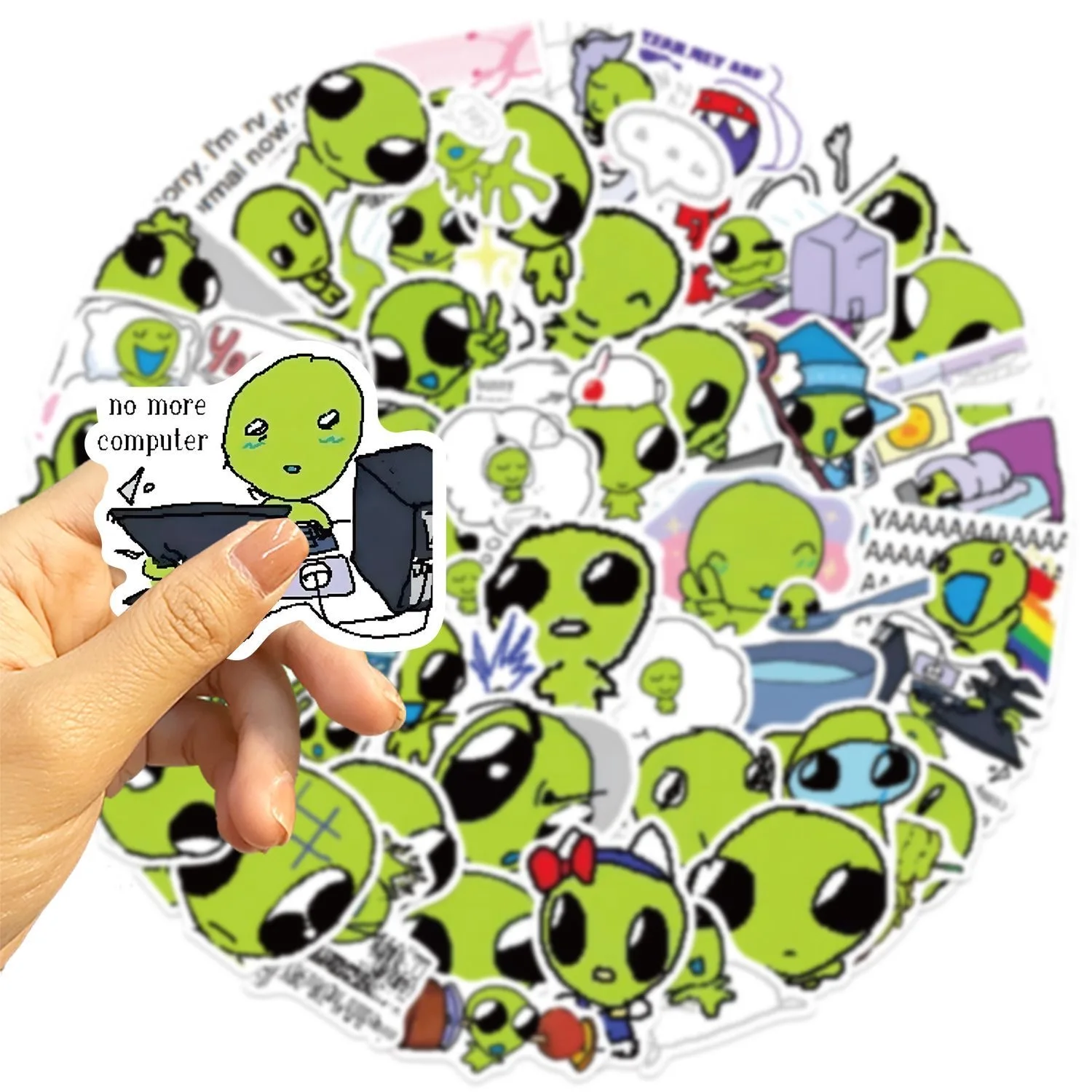 50Pcs Funny Green Alien Meme Stickers Y2K Abstract Cartoon Pixel Art Decals for Laptop Phone Case Journal Skateboard Bottle