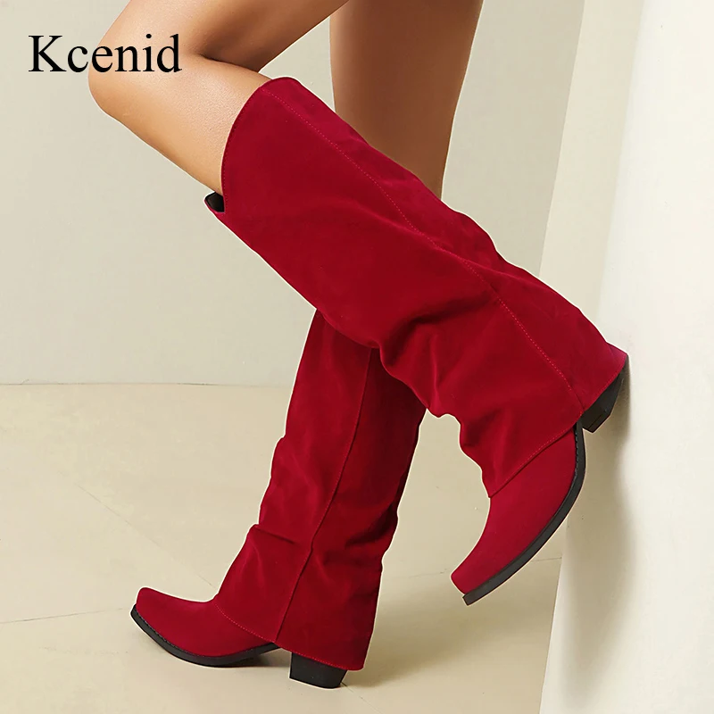 

Kcenid Мягкие удобные винтажные сапоги до колена на толстом каблуке с квадратным носком, зимние короткие плюшевые сапоги до колена для верховой езды, размер 34-43