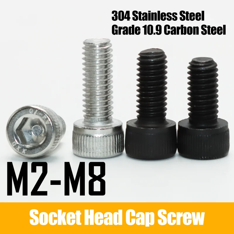 M2 M2.5 M3 M4 M5 M6 Hex Socket Head Cap Screw DIN912 Thread Machine Allen Hexagon Bolt 304 Stainless Steel Black Grade 12.9 Bolt