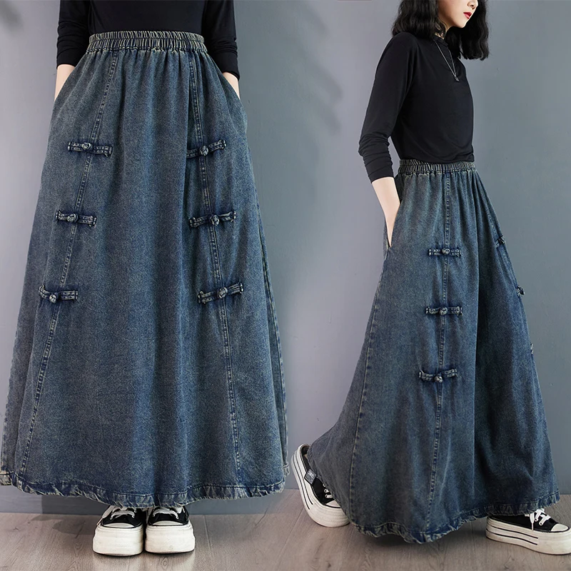 

Retro Denim A-Line Midi Skirt High Waist Patchwork Slimming Color plus Size Button Long Chinese Sle Umbrella Skirt