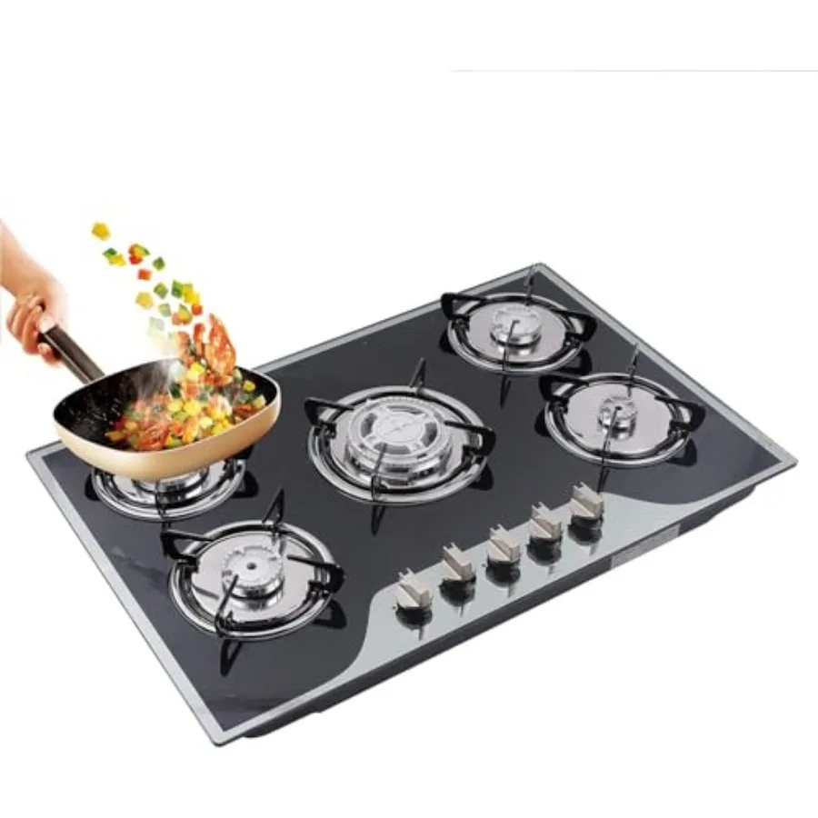 

30-Inch 5 Burners Built-In Gas Stove Top Stainless Steel with Tempered Glass Smooth Surface NG/LPG Convertible Automatic Pulse