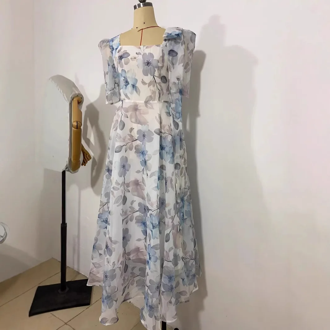 女性プリントドレス Aライン半袖ロングドレス スリムフィット エレガントスクエアカラー スプライスドレス パーティー プロム サマードレス