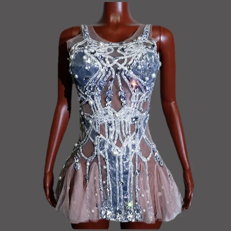 

Madam Sheer Mesh Short Dress with Sequins in Clip Sexy Dress with Beads for ixBirthday Disco Pole Brev Show Drag Queen Stage