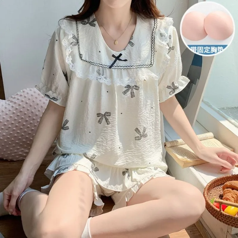 Ropa de dormir de flores con cojín, pijamas de verano para mujer, pantalones cortos de manga corta, conjunto de ropa de casa coreana para estudiantes de Japón y encaje pequeño dulce