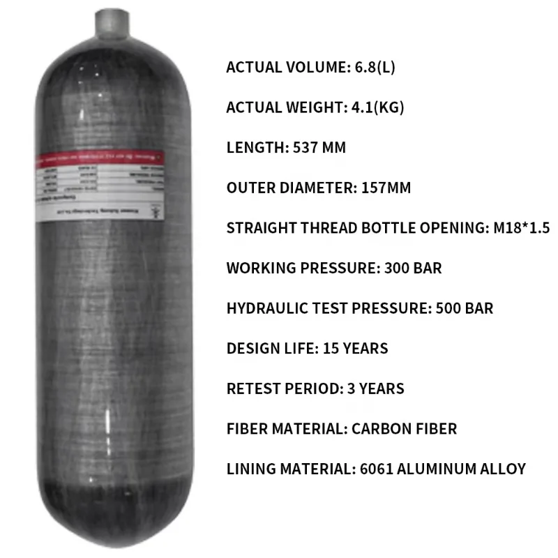 Hot Sale 6.8L High Pressure 4500psi 300bar 30mpa Fully Wrapped Composite Carbon Fiber Gas Cylinder Scuba Tanks For Diving