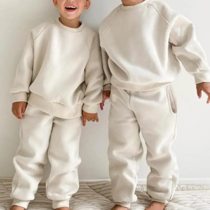 2024 Winter New Children Fleece Sports Set Boys Girls Plus Velvet Thick Sweatshirt + Sweat Pants 2pcs Suit Kids Warm Outfits