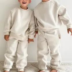 2024 Winter New Children Fleece Sports Set Boys Girls Plus Velvet Thick Sweatshirt + Sweat Pants 2pcs Suit Kids Warm Outfits