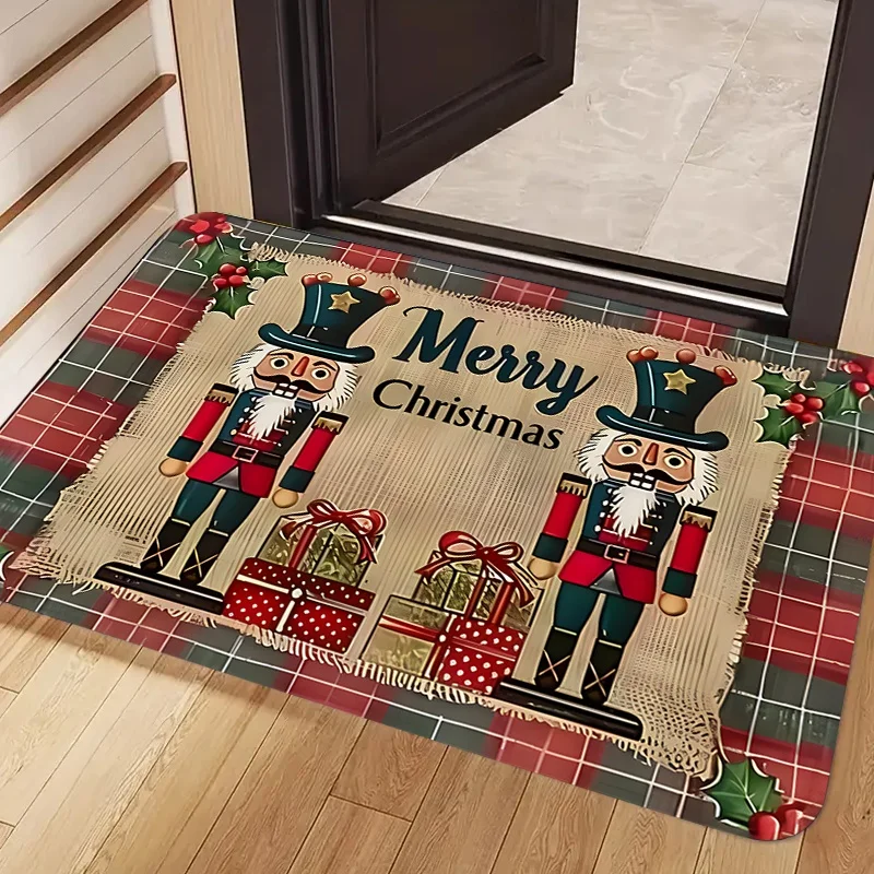 Red Christmas Nutcracker Doormat, Snowflake Poinsettia Printed Floor Mat, Holiday Front‑door Decor Rug