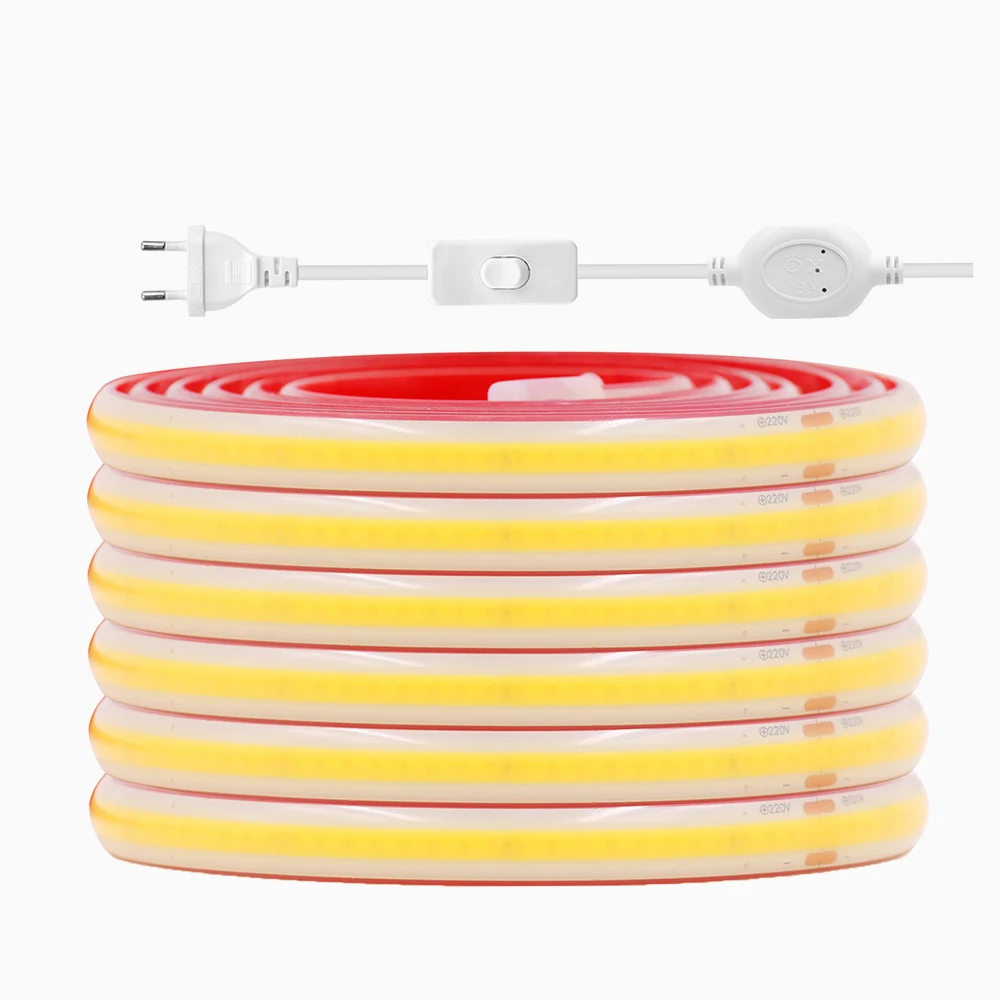 Bande lumineuse LED avec interrupteur COB, AC 220V 230V, variateur, prise ue UK, 3000K, 4000K, 6000K, 288 diodes/m, bande flexible brillante, éclairage linéaire étanche