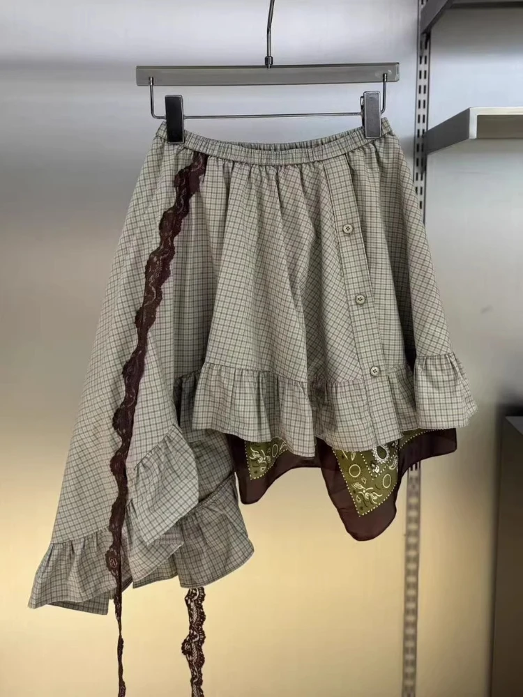 

Y2k American Vintage Skirts Plaid Ruffles Lace Patchwork Irregular Design Skirt Streetwear All Match Spicy Girl Women Clothing
