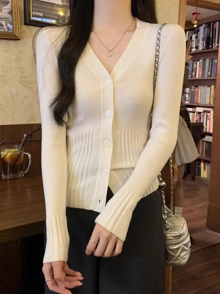 Knitted Cardigan Women Spring Autumn Sweater Cropped Cardigan Jumper Slim Coat Long Sleeve V-neck Korean Chic Jacket New