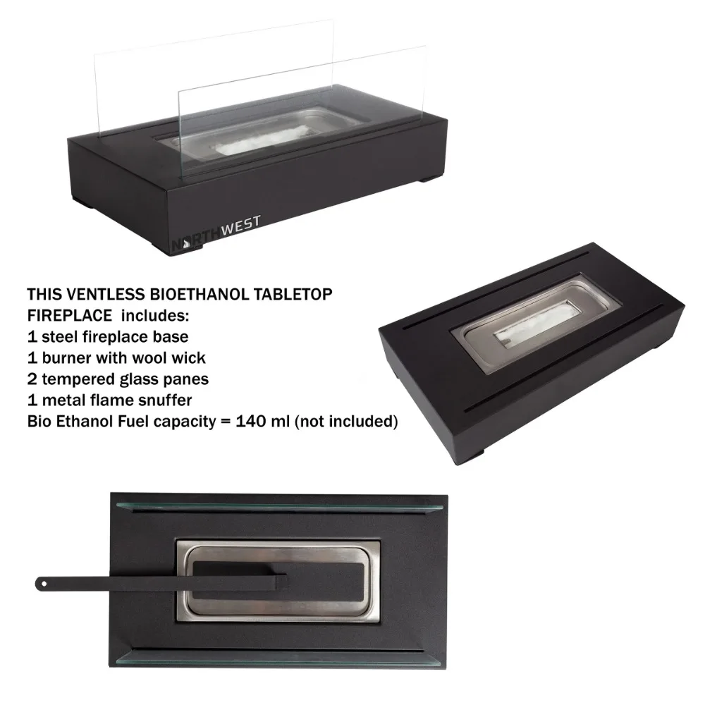 مدفأة الإيثانول الحيوي المستطيلة السوداء ، داخلية أو خارجية ، بمنظر ، سوداء