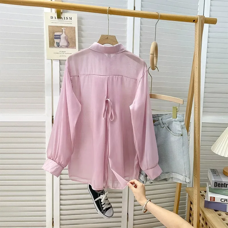 

Semi Sheer Button Down Shirt for Women Long Sleeve Tie Back Oversized Blouse Tops Summer Cover-up Casual Outfit