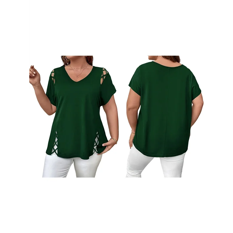 ABRT-Tops túnica femininos de manga curta cortados com decote em V elegantes casuais soltos tops longos