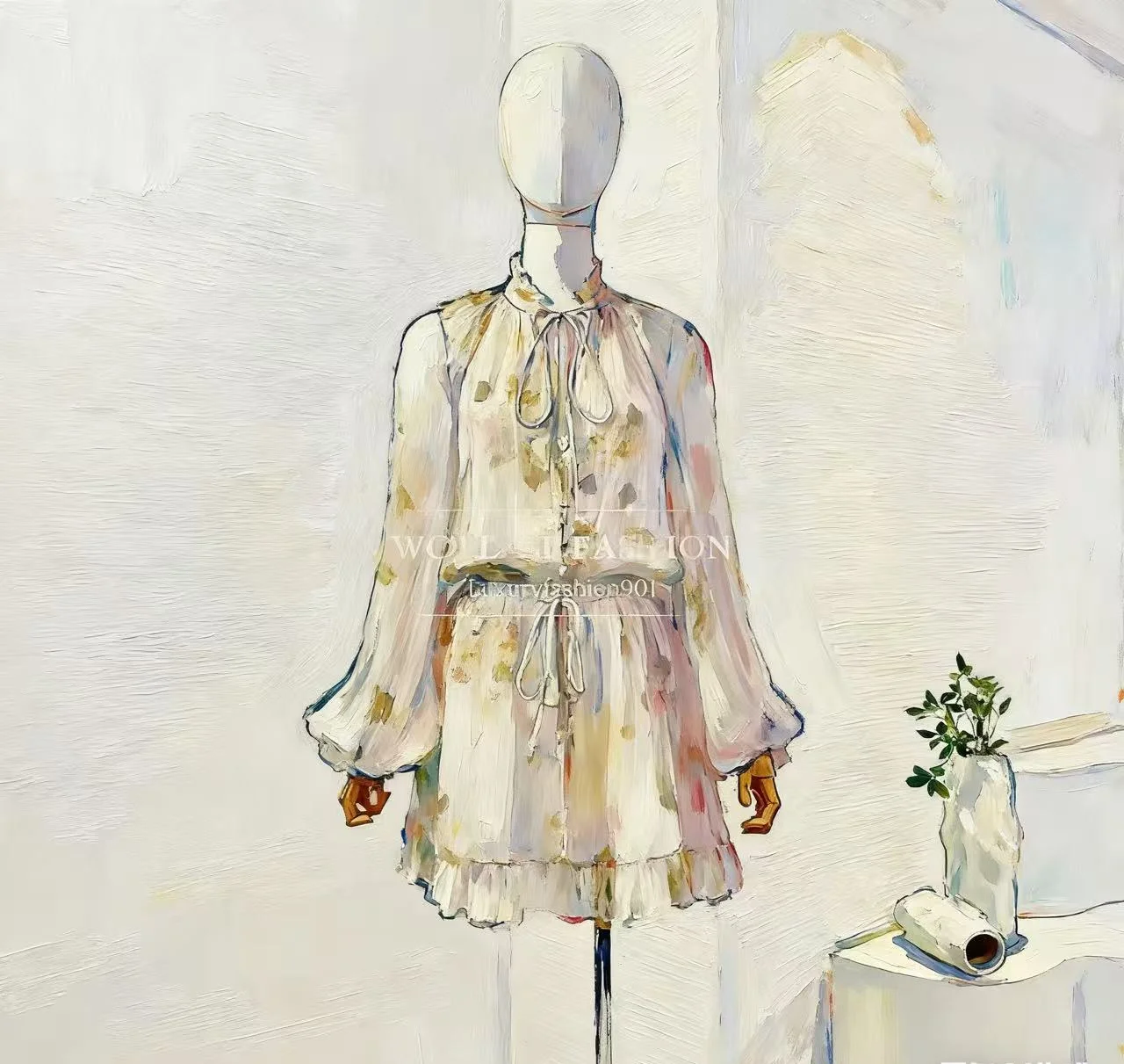 

2025 New Fashion Apricot White Floral Print Long Sleeve Pleat Ruffles Jumpsuit