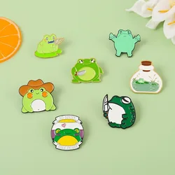 Green Frog Enamel Pins Cowboy Hat Cute Lovely Metal Brooches Lapel Badge Jewelry Gift for Friends Free Shipping