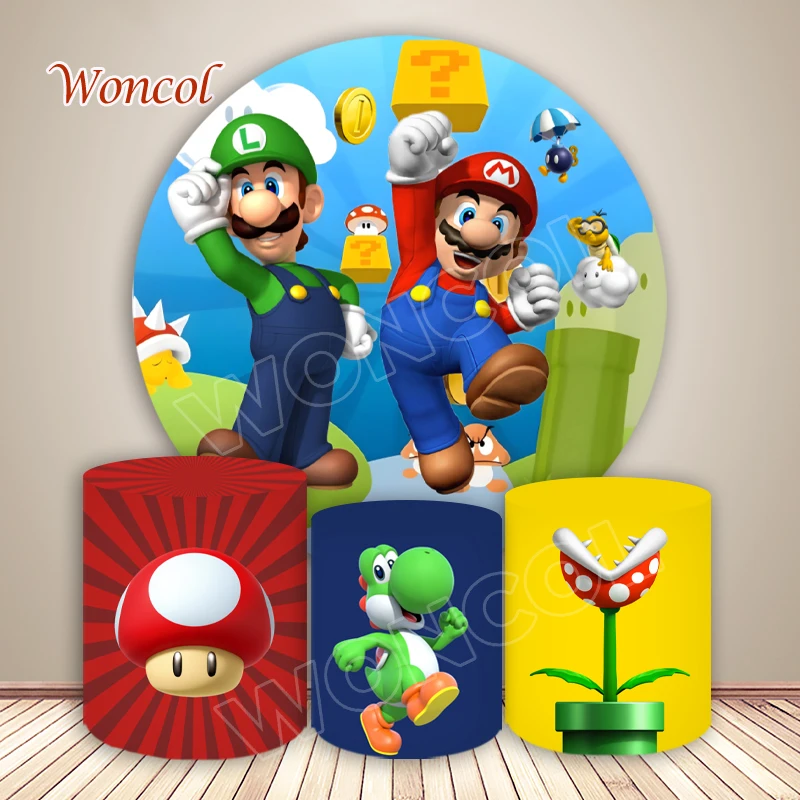 Super Mario Bros Round Cover Mario Luigi Baby Shower Background Yoshi Toad Piranha Plant Cylinder Cover Boy Birthday Party Decor