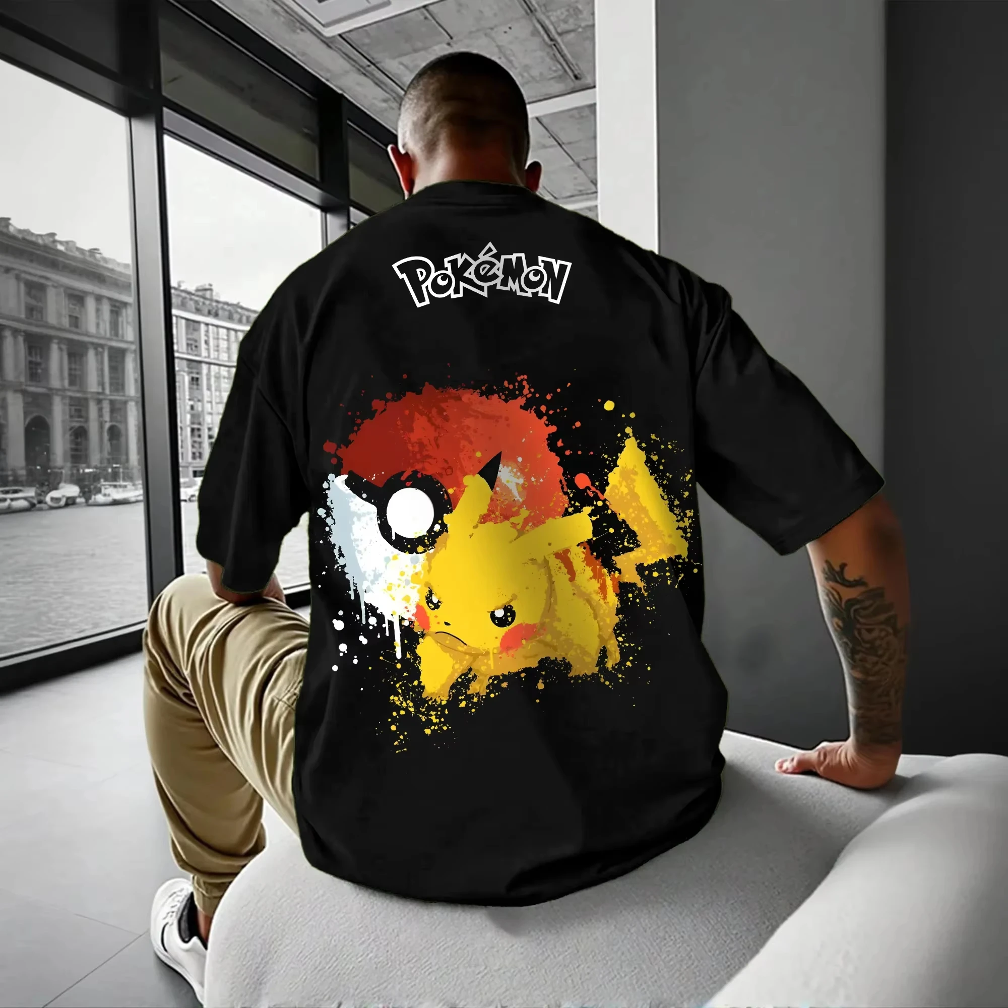 

Pokémon Animation Derivatives Pikachu Printing T-shirt Men's Women's 2025 Summer Oversize Loose Cotton Street Trend Brand Top