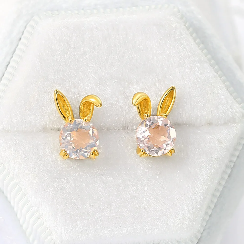 

Natural Rose Quartz Earring For Women Cute Rabbit 14K Gold Plated 925 Sterling Silver Fine Jewelry Gift Earring LMEI131