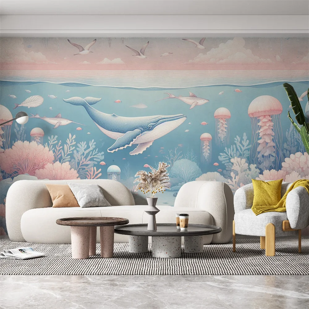 

Обои Milofi на заказ с 3D-принтом в виде океана с фресками в виде медуз, китами и гигантскими кораллами