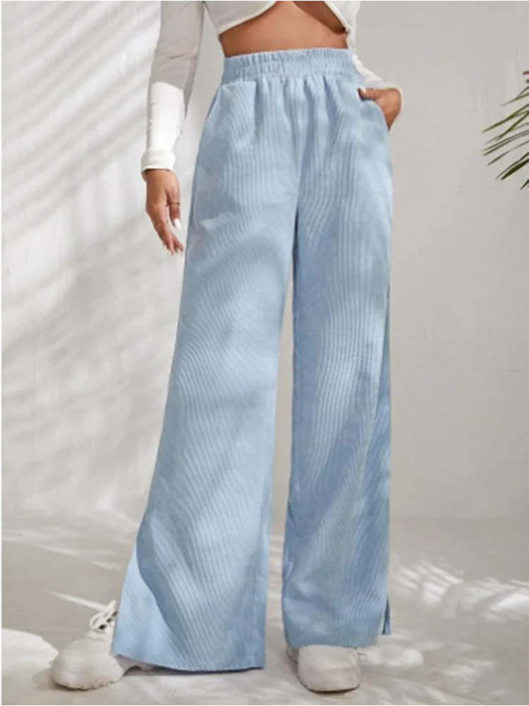 Trendy Autumn Loose Slit Pants Women's Pocket High Waist Solid Color Pants Casual Straight Wide Leg Trousers