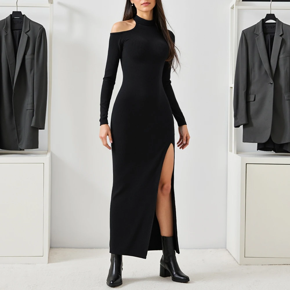 Mia Muse Women's Dresses Autumn Skinny Fit Hollow Out Plain Long Sleeve Stand Collar Maxi Wrap Party Dresses