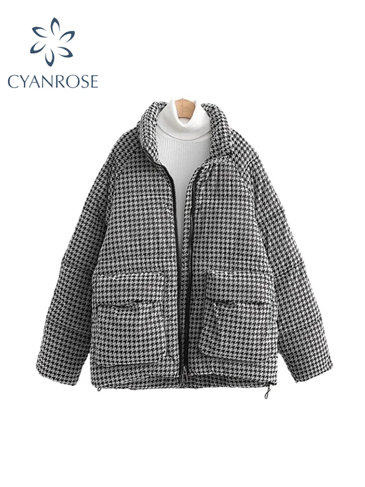 Women\'s Plaid Parka Jacket Overcoat Warm Long Sleeve Down Jackets Vintage Harajuku Korean Padded Jacket Winter 2000s 90s Clothes