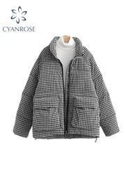 Women's Plaid Parka Jacket Overcoat Warm Long Sleeve Down Jackets Vintage Harajuku Korean Padded Jacket Winter 2000s 90s Clothes