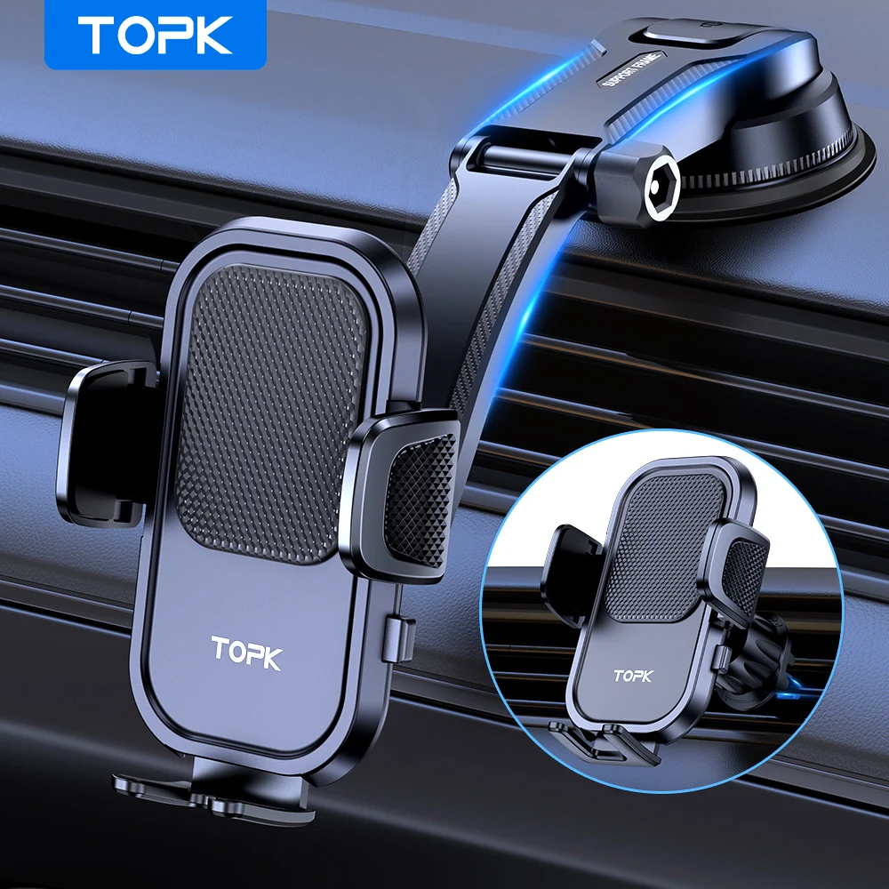 TOPK Car Phone Holder Mount 2 IN 1 Upgraded Adjustable Cell Phone Holder For Car Dashboard & Air Vent Compatible With All Phones