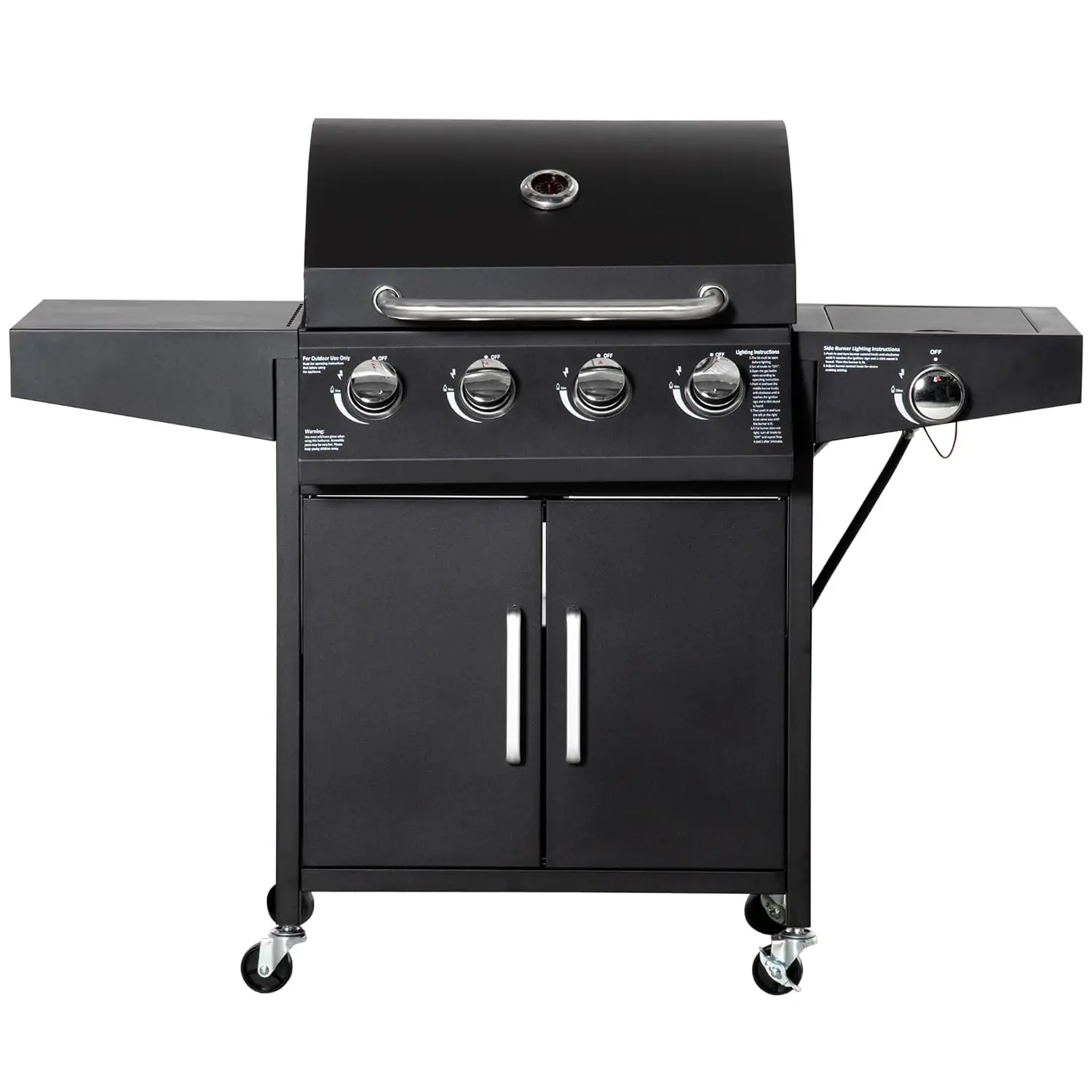 4 Burner Propane Gas Grill with Side Burner 48,000 BTU Black, Steel Outdoor Barbecue Grill, Cabinet, Shelf, Warming Rack